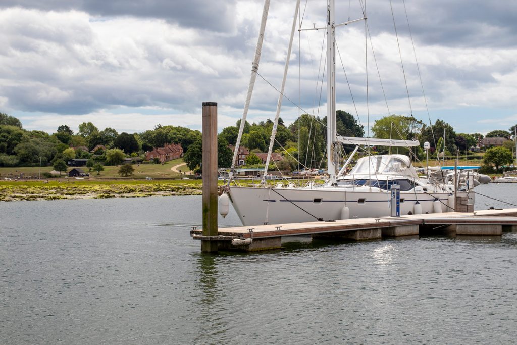 View of Buckler's Hard village and marina pontoon