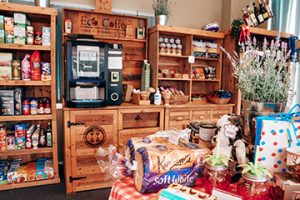 Food choices and coffee machine in the Buckler's Hard Yacht Harbour chandlery