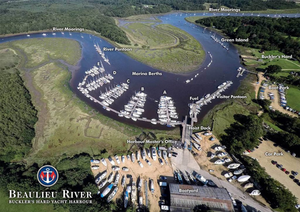 Aerial map of berths and moorings in the Buckler's Hard Yacht Harbour and along the Beaulieu River