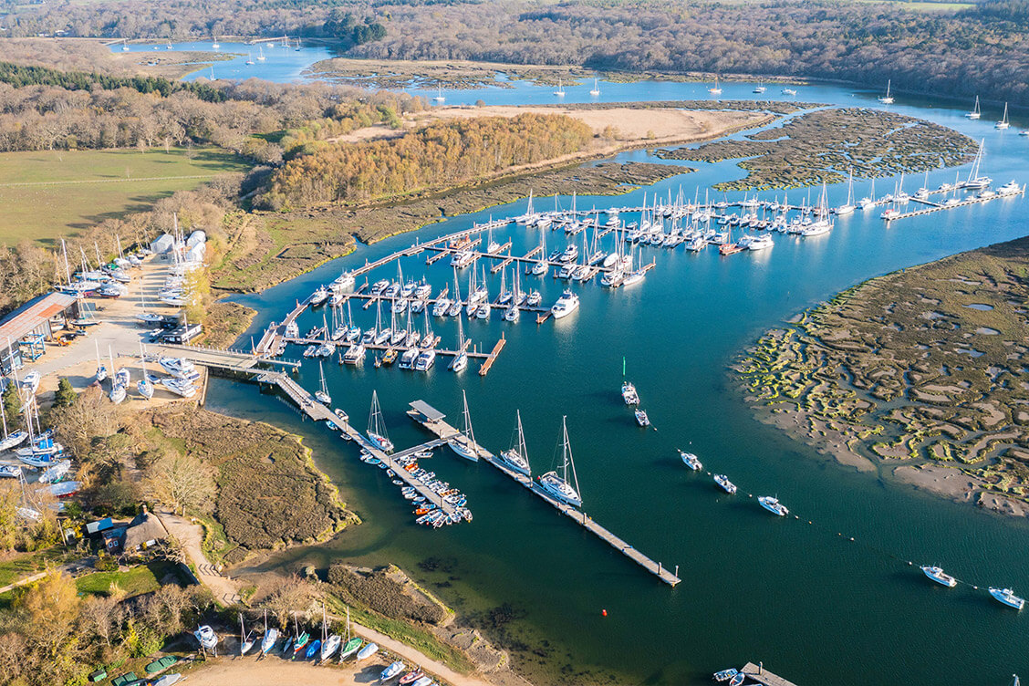 Aerial view of Buckler's Hard Yacht Harbour on the Beaulieu River