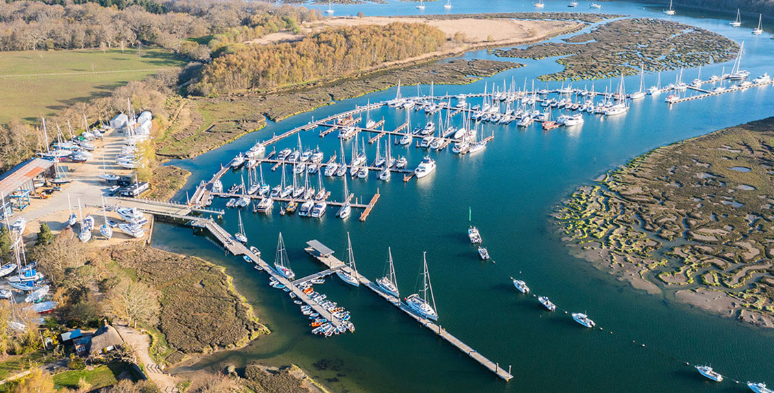 Aerial view of Buckler's Hard Yacht Harbour on the Beaulieu River